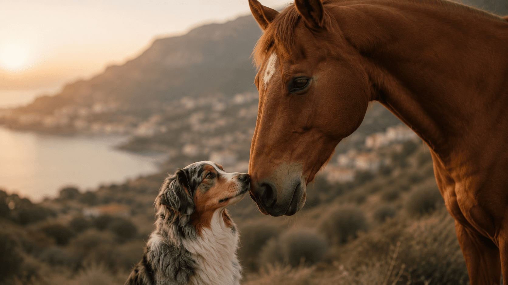 Cheval et chien au coucher du soleil sur la Côte d'Azur